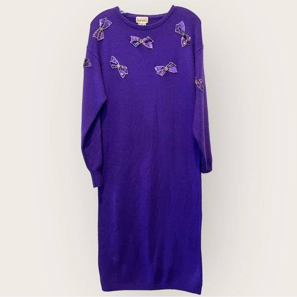 Vintage Dresses & Skirts - Vintage Just-Mort 80s Purple Sequined Bows Sweater Dress Sz M